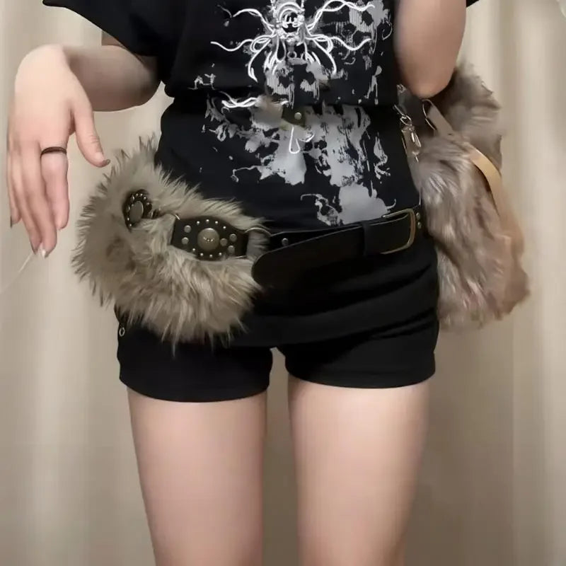 Retro Cowgirl Waistband Studded Faux Furry Belt Adjustable Length Waist Girdle Gothic Unisex Clothing Accessory