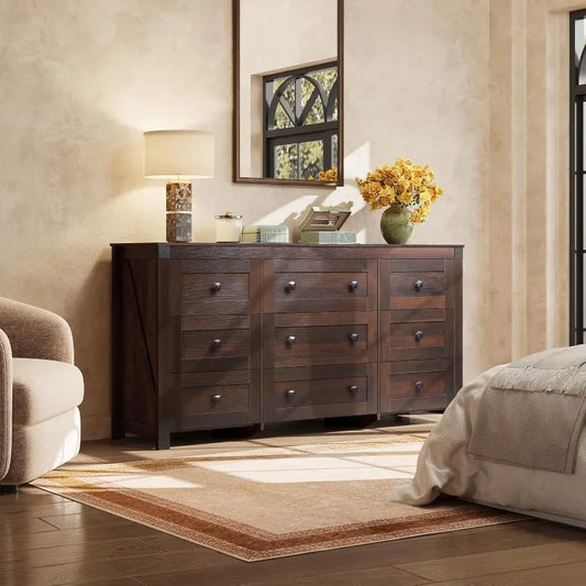 WLIVE Farmhouse Dresser  Bedroom,63" Wide 9Drawer Dresser Storage Organizer,Wood Chest of Drawers,TV Stand for 70 inch TV(Brown)