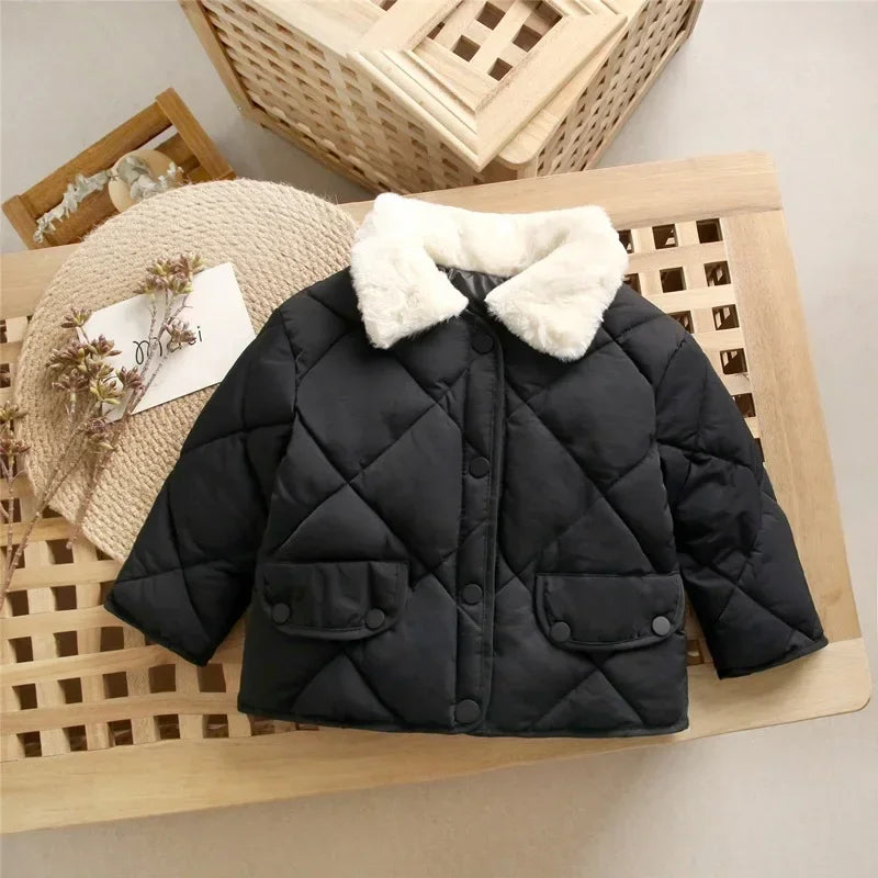 Children's Loose Cotton Clothes 18M-7Y Baby Short Diamond-shaped Lapel Cotton Jacket Boys and Girls Thick Warm Fur Collar Coat