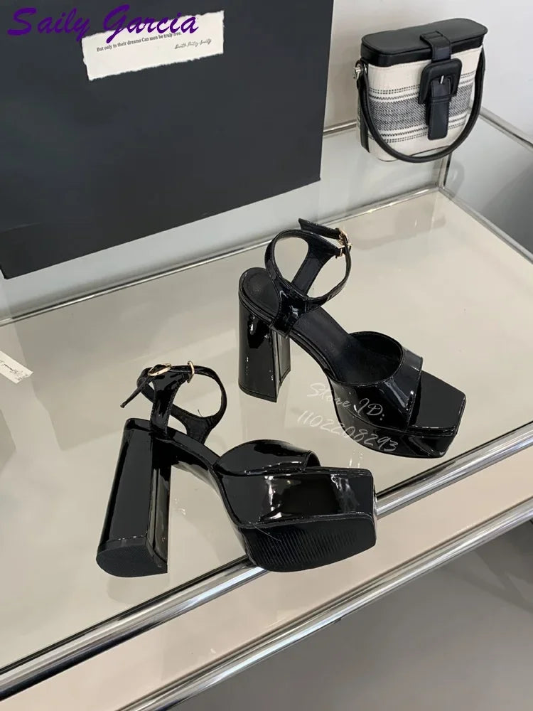 Burgundy Chunky Heel Sandals Square Toe Platform Buckle Strap Catwalk Shoes Patent Fashion Super High Heels 2025 Lady Summer New