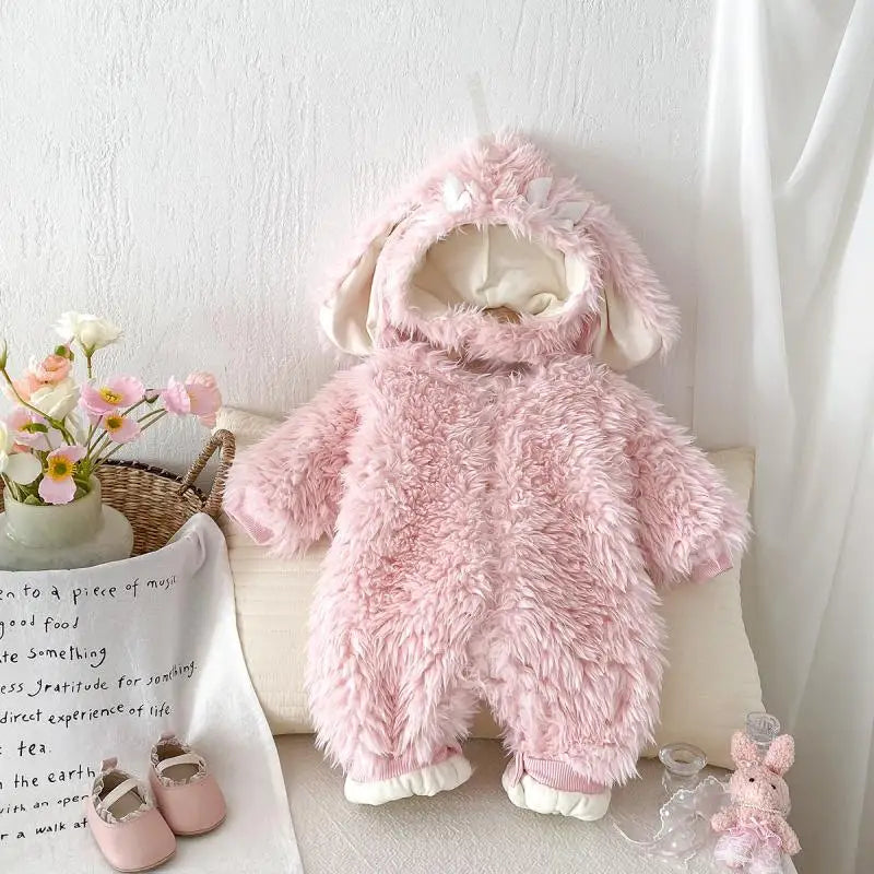 Cekcya Winter Warm Baby Cartoon Rabbit Hooded Romper Infant Girls Thick Coat Jumpsuit Newborn Clothes Soft Pajama Overalls