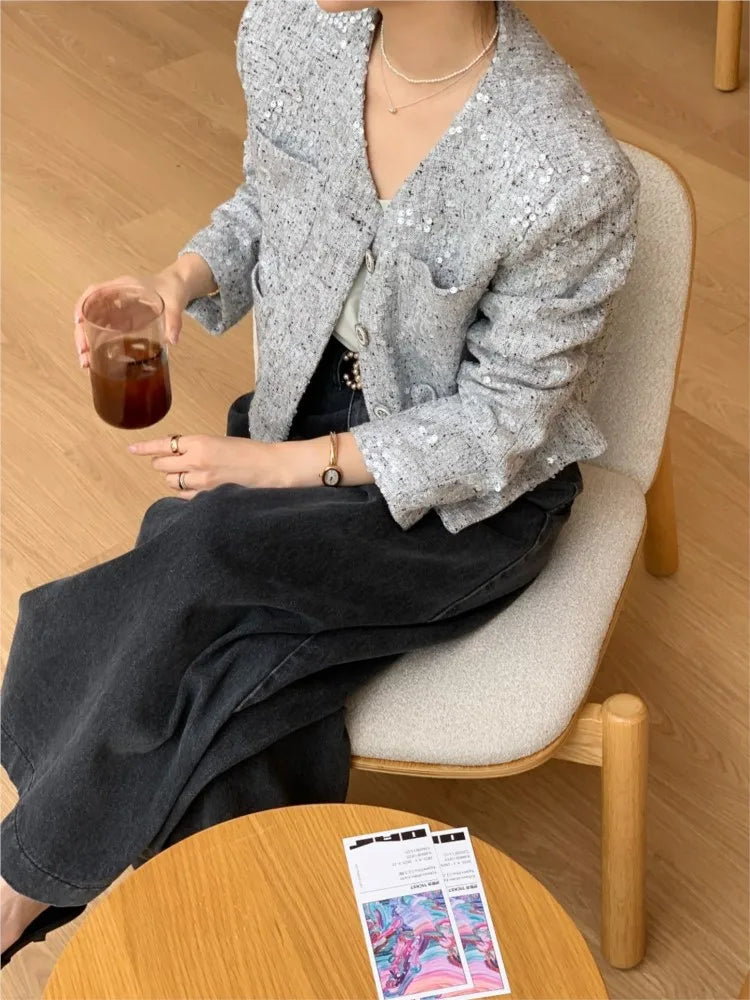 Autumn Sequin Jacket Coat Women Fashion Long Sleeve Ladies Jackets Coats Casual Cropped Jacket Woman Coat 2025