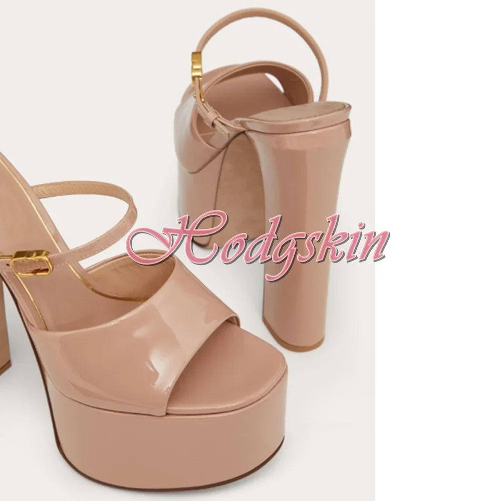 Thick Sole Shiny Leather Sandals Open Toe High Platform Chunky High Heels Solid Buckles Straps Sandals Women Dress Shoes Design