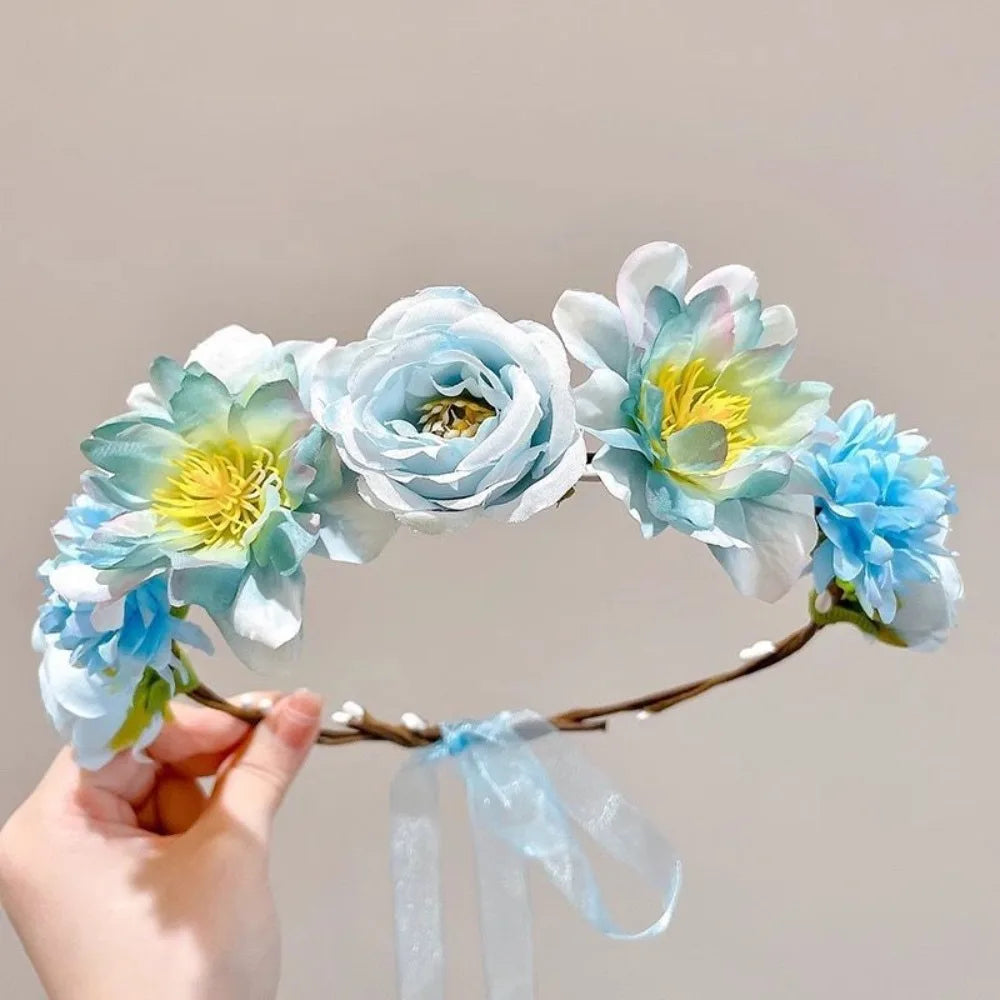Fascinating Y2k Artificial Flower Fairy Flower Crown with Ribbon Headpiece Flower Headbands Bride Wedding Braided Wreath Women