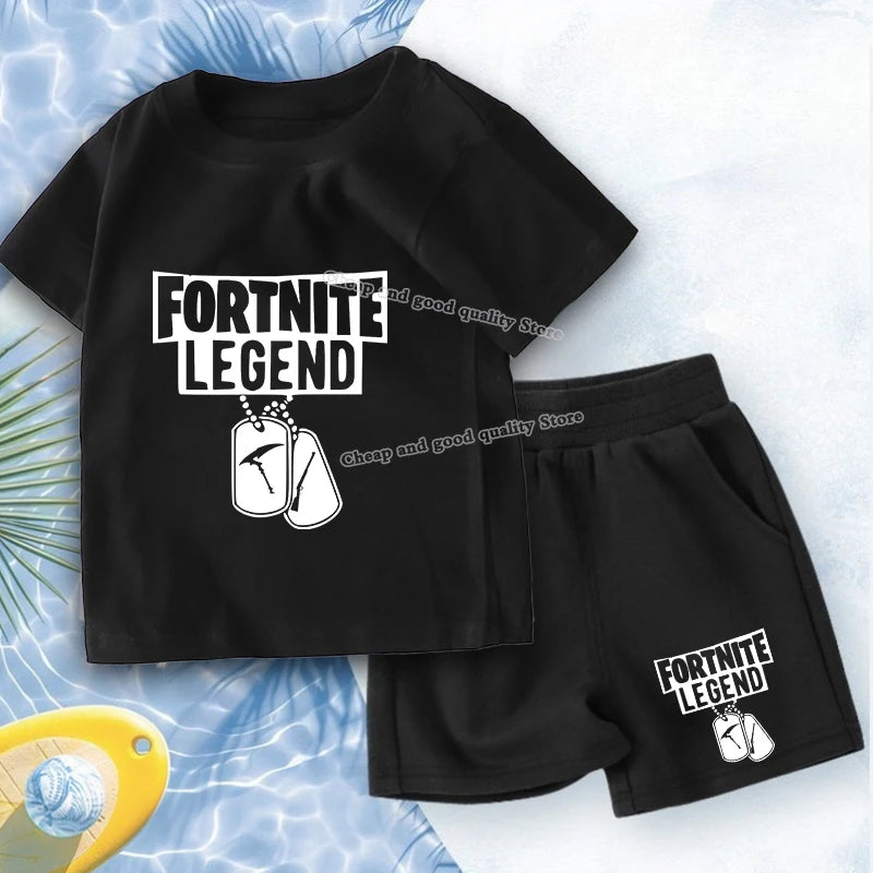 FORTNITED Anime Boy Summer T-shirt Set Kid Cotton Clothes 2pcs Short Baby Tops +Shorts Set Tee Sport Tracksuit Summer Outfits