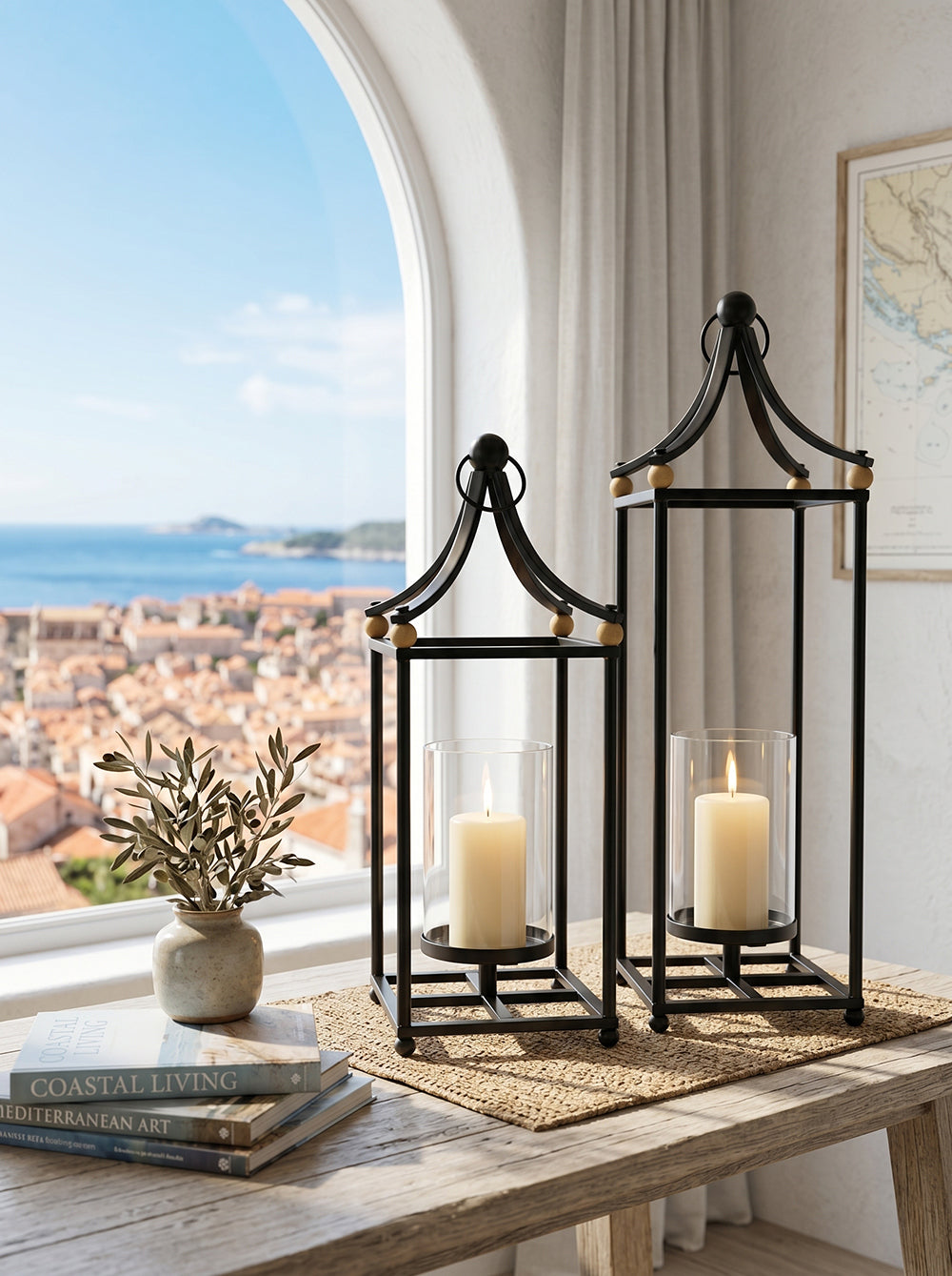 Set of 2 Black Arched Iron Lanterns with Clear Glass Hurricanes