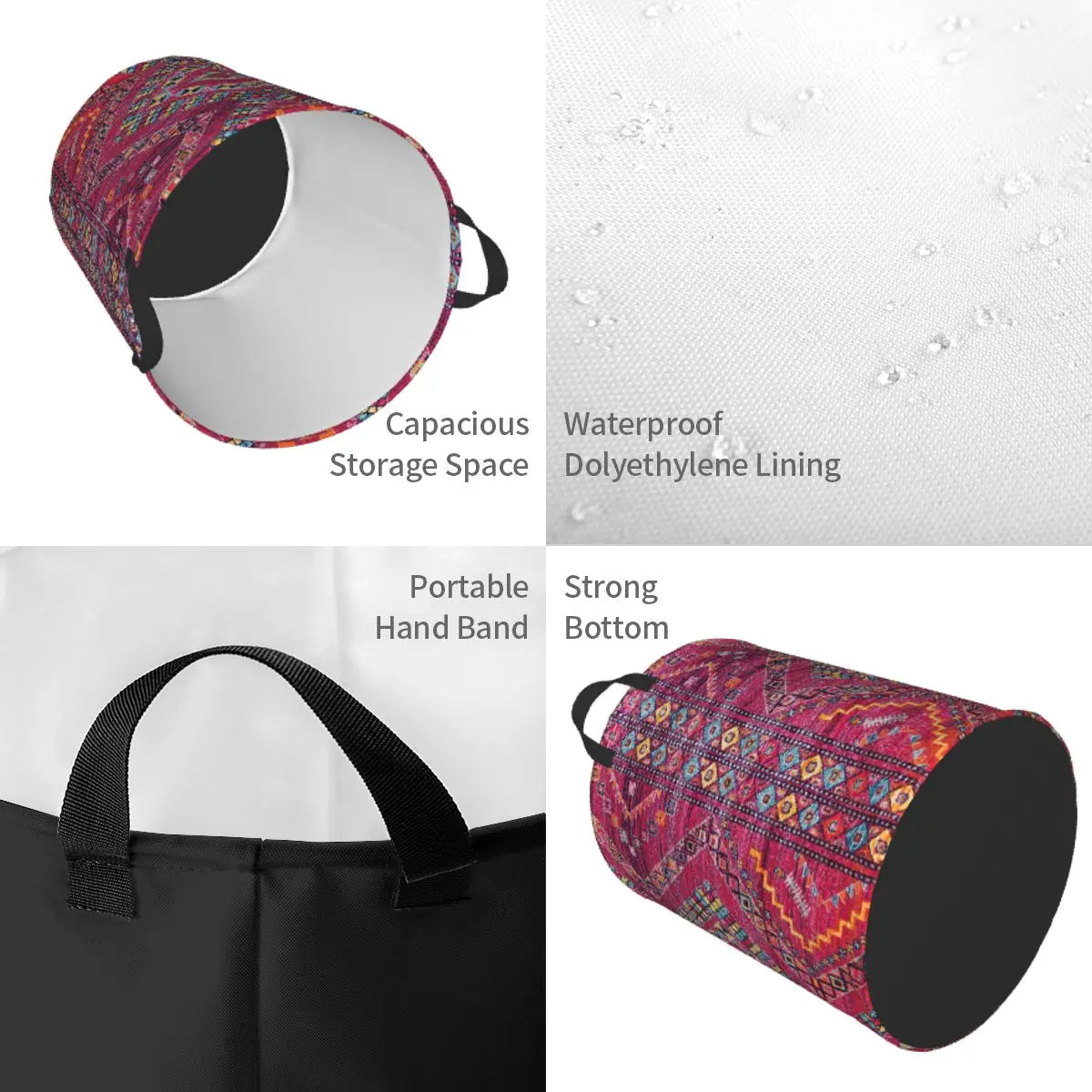 Pink Oriental Bohemian Moroccan Artwork Laundry Basket Foldable Bohemian Clothes Hamper for Baby Kids Toys Storage Bag