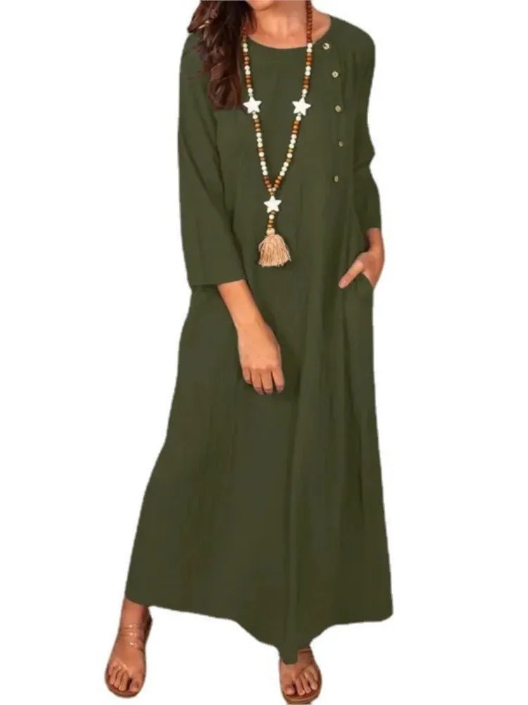 Autumn Fashion Dress Elegant Cotton Linen Women's Solid Color Long Dress Temperament Comfortable Round Neck Long Sleeve Dress