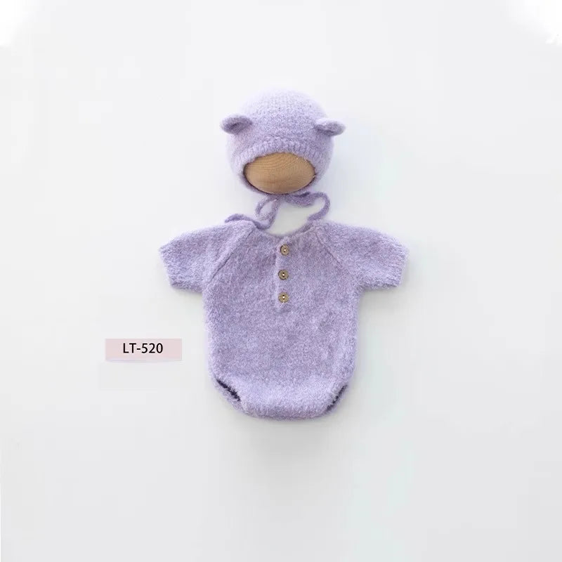 Newborn Photography Props Handmade Knitted Bear Clothes Costume Bodysuit with Hat and Cute Doll Set for Baby Studio Photo Shoot