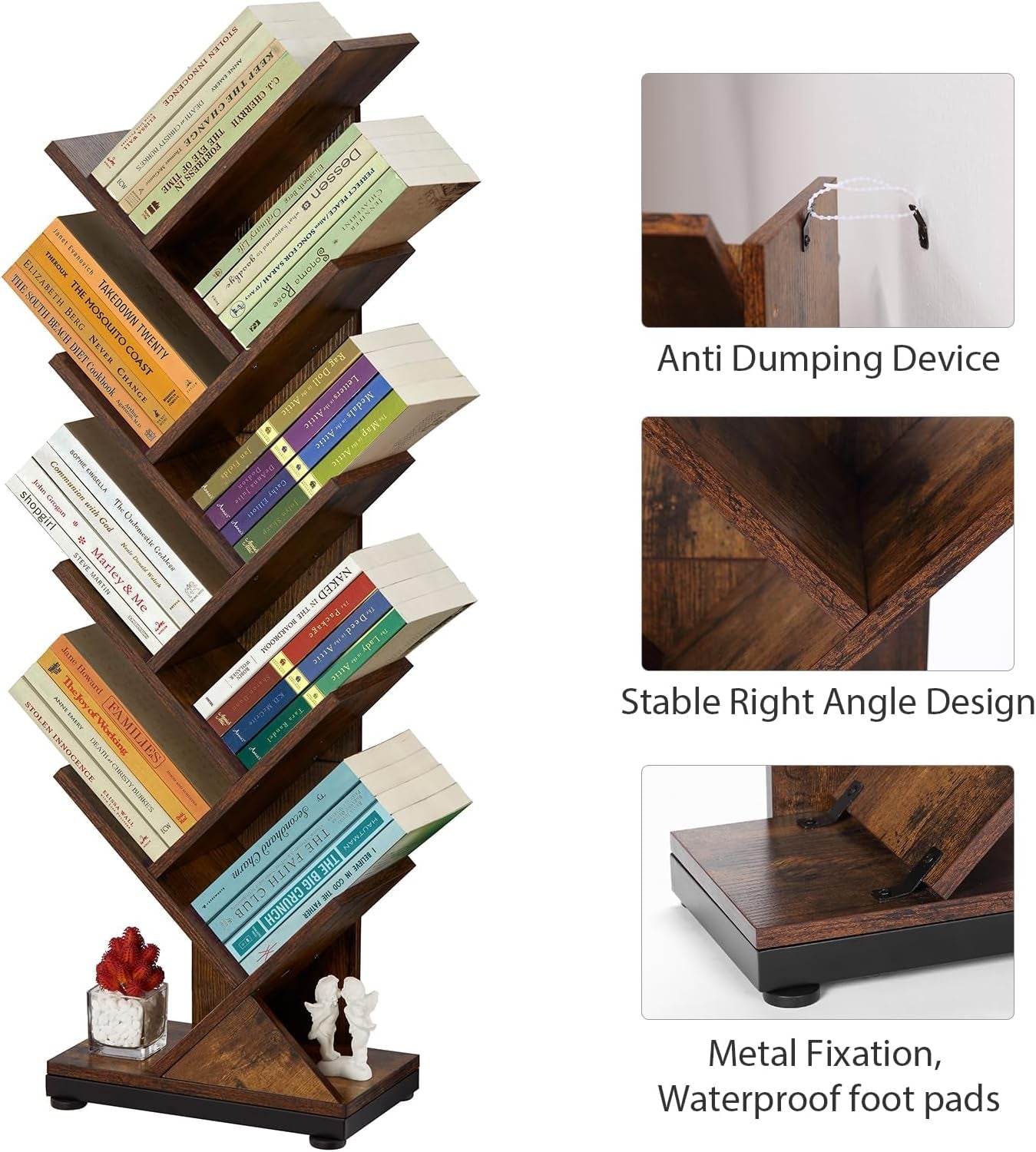 8 Tier Tree Bookshelf Floor Standing Bookcase For Books CDs Rustic