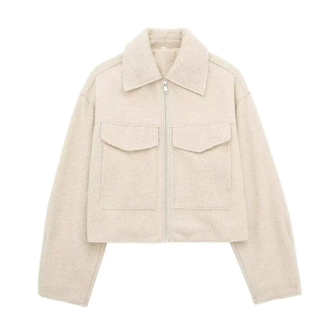 TRAFZA Women Elegant Solid Coat With Front Flap Pocket Zipper Long Sleeve Bomber Jacket 2024 Autumn Winter Casual Y2K Outerwear