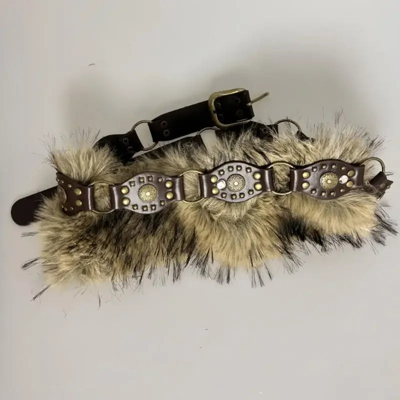 Retro Cowgirl Waistband Studded Faux Furry Belt Adjustable Length Waist Girdle Gothic Unisex Clothing Accessory
