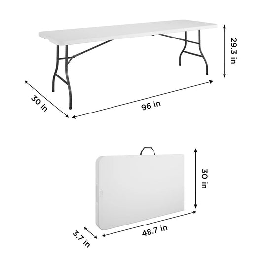 8 Foot Folding Table Waterproof Centerfold Design Heavy Duty Steel Frame Easy Clean Indoor Outdoor Use Portable Space Saving