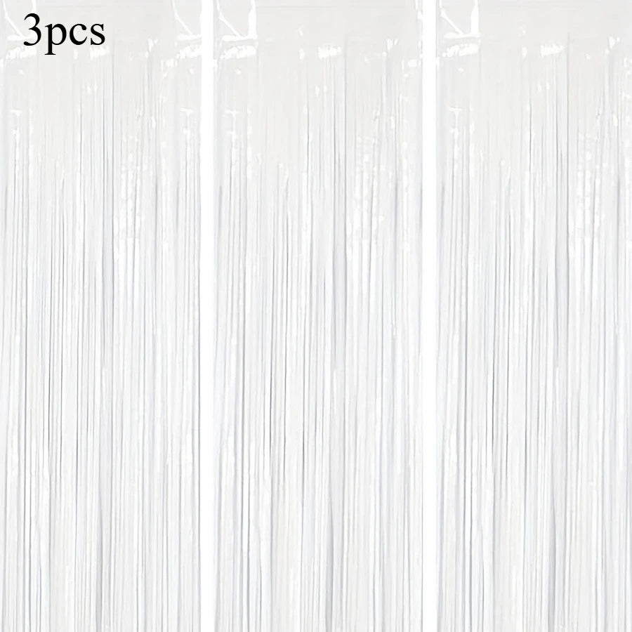 3pcs White Tassel Garland Backdrop Curtains Birthday Party Decor Aluminum Foil Tassel Curtain Backgrounds for Graduation Wedding