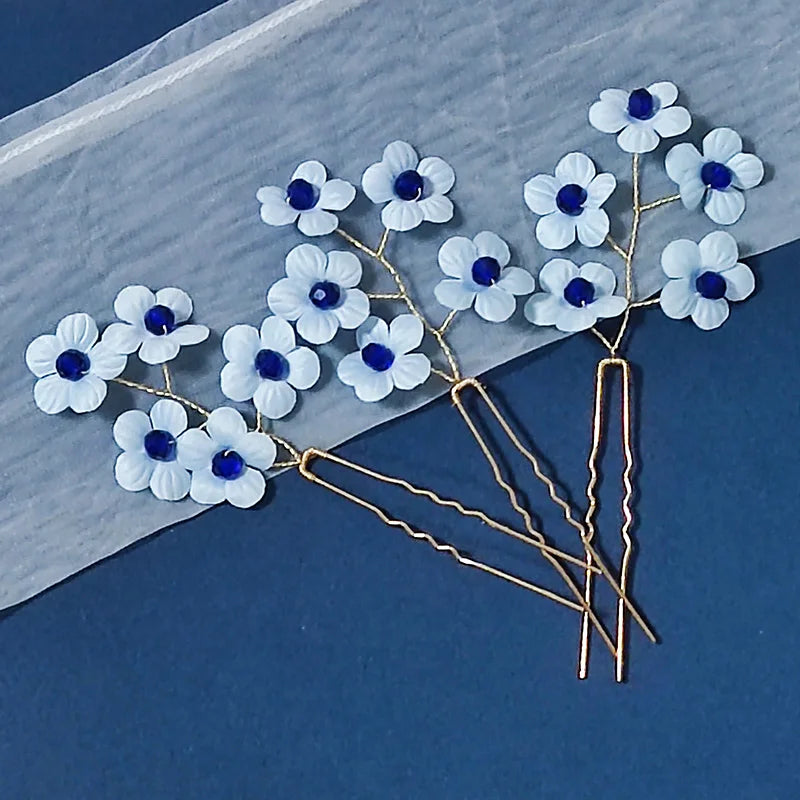 3PCS Women Blue Color Flower Hairpin Stick Wedding Bridal Crystal Pearl Hairpin U Shaped Hair Clip Barrettes Hair Accessories