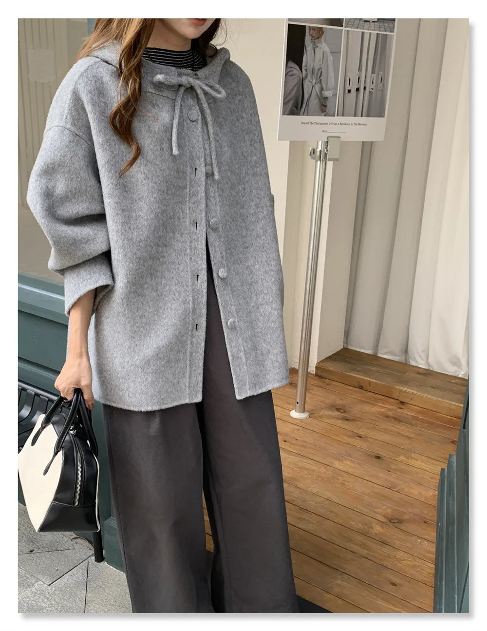 UMI MAO Woolen Coat Women Autumn Jacket New Double-Sided Wool Coat Bowknot Korean College Style Small Size Hooded Wool Coat