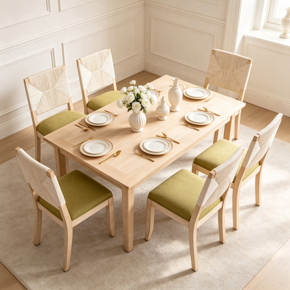 Dining Chairs Set of 2 with Woven Rope Backs and Linen Seats, French