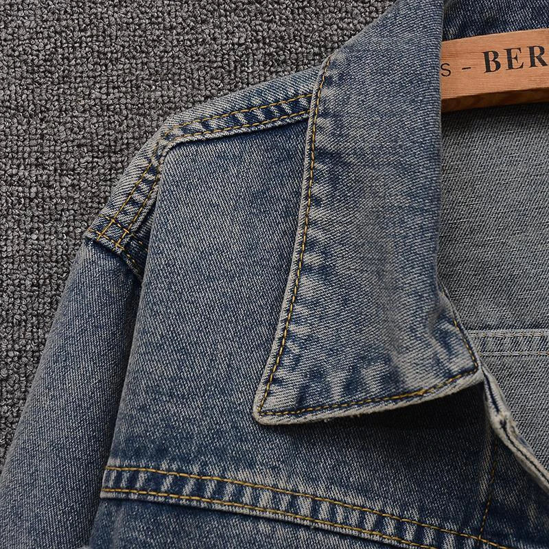 Women Vintage Cropped Denim Jacket Classic Harajuku Y2K Blue American Coat Loose Casual Simple Turn Down Collar Top