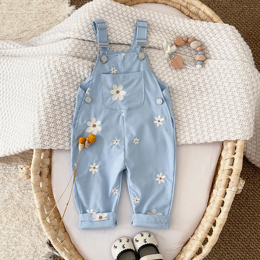 Summer Hot Baby Suspender Pants Sleeveless Flower Embroidery Loose Overalls Romper Girls Jumpsuits Boys Clothes with Pockets