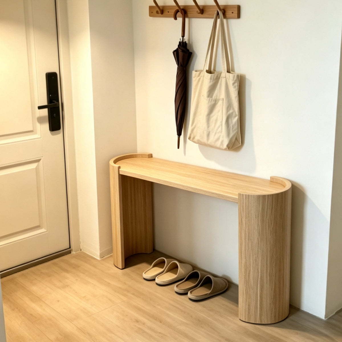 Curved Console Table with U-Shaped Legs and a Natural Wood-Grain