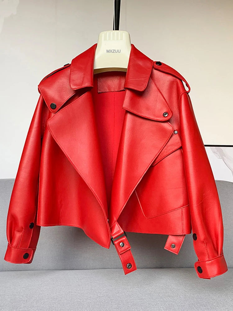Women's Sheepskin Coat Plus Size Short Loose Veste Femme Large Lapel Pocket Gray/Dark Green/Pink/Khaki Locomotive Leather Jacket