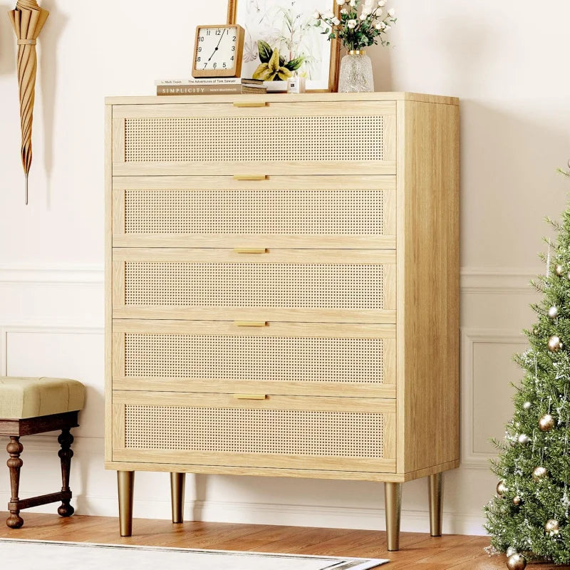 Rattan 5 Drawer Dresser, 44'' Tall Narrow Chest of Drawer, Farmhouse Wooden Vertical Dresser with Metal Legs and Hand
