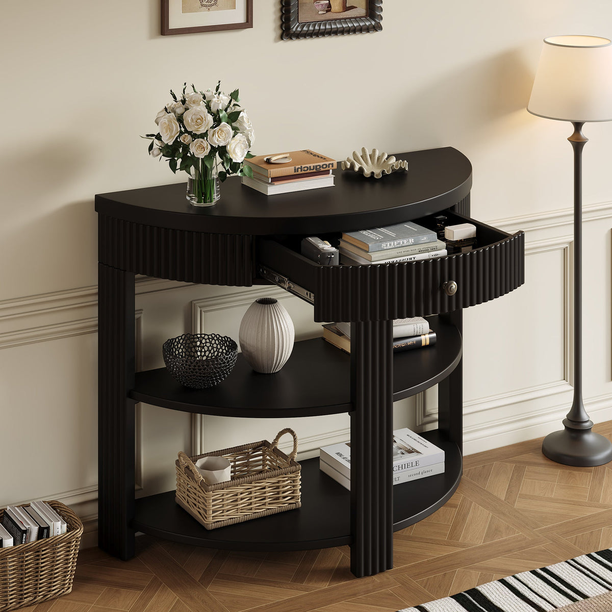 Fluted Half Moon Console Table with Drawer and 2 Shelves for Entryway,