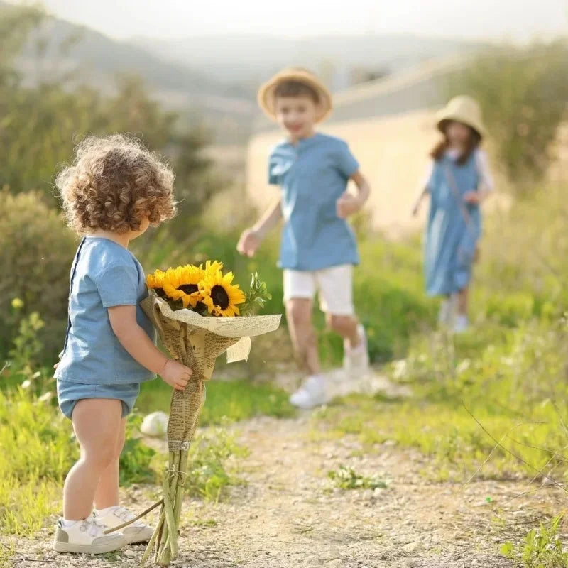 Malis 2024 Weekday Kids Denim Clothes Girls V Neck Long Dress Baby Denim Sets Boys Short Sleeve Shirt Outfits