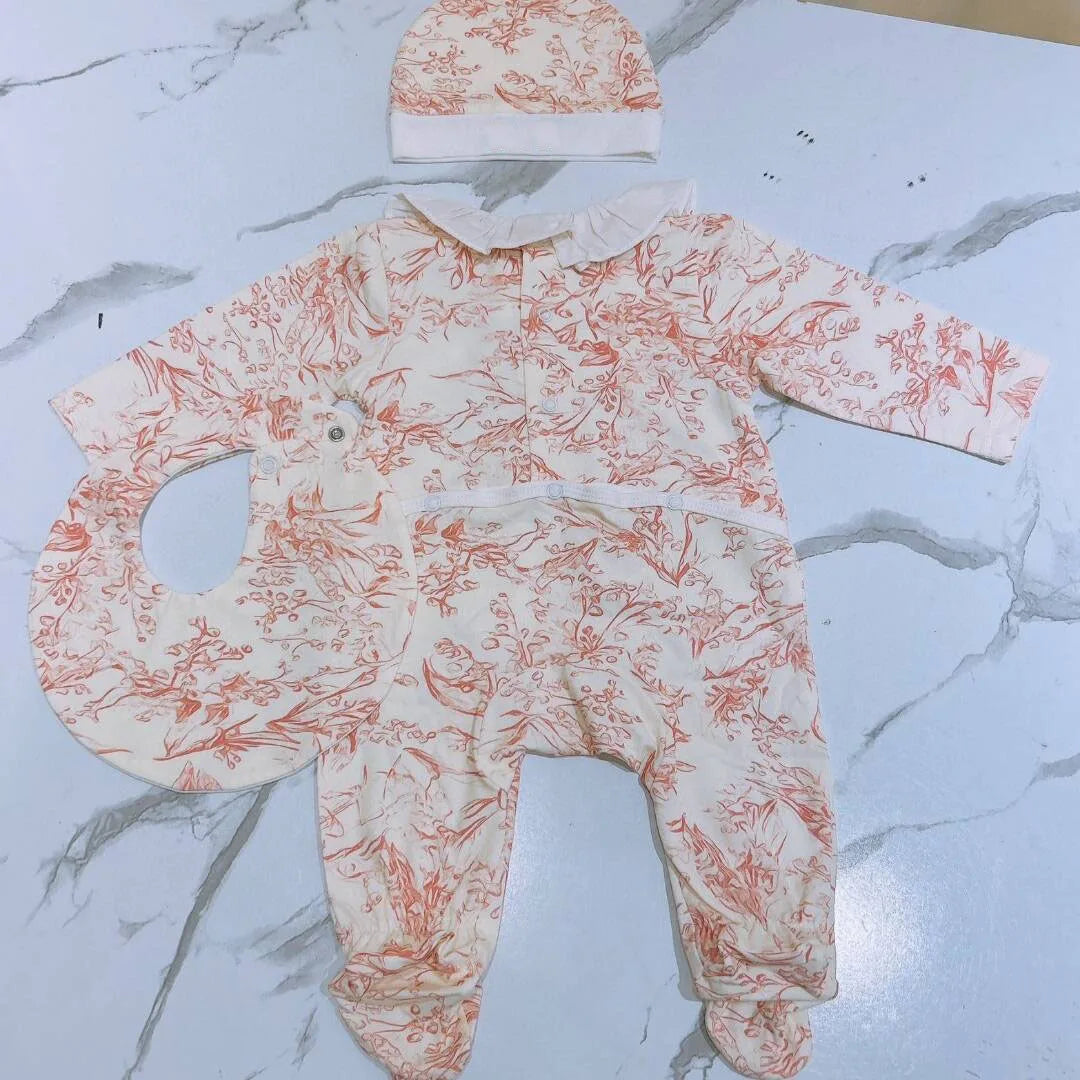 2024 new design Baby clothes newborn baby pure cotton jumpsuits full print forest baby girl rompers bib hat 3 pcs set