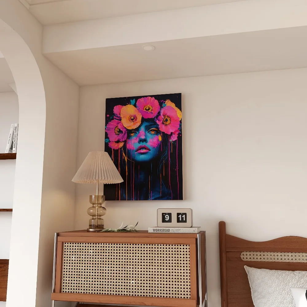 Beautiful woman with flowers in her hair, colorful neon, suitable for interior decoration, 1.5 inch thick pine solid wood frame.