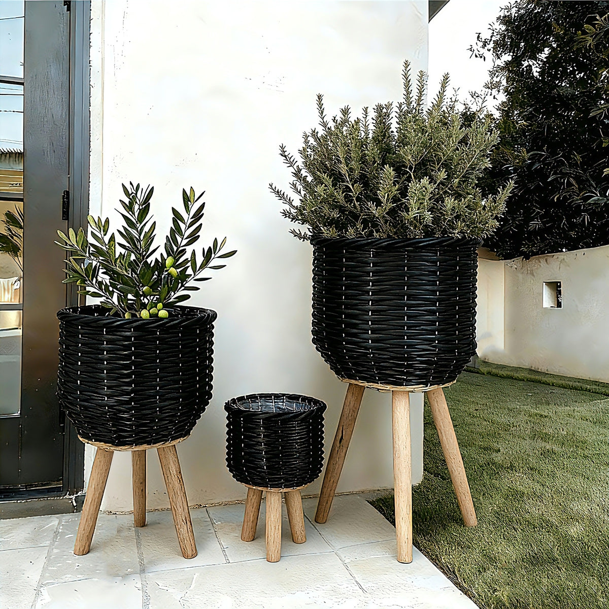 Set of 3 Black Woven Rattan Basket Planters on Wood Legs