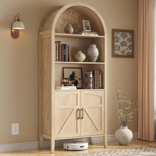 71 Arched Display Bookshelf for Living Room, Engineered Wood, White, Space-Saving Curved Design with Adjustable Shelves and Cab