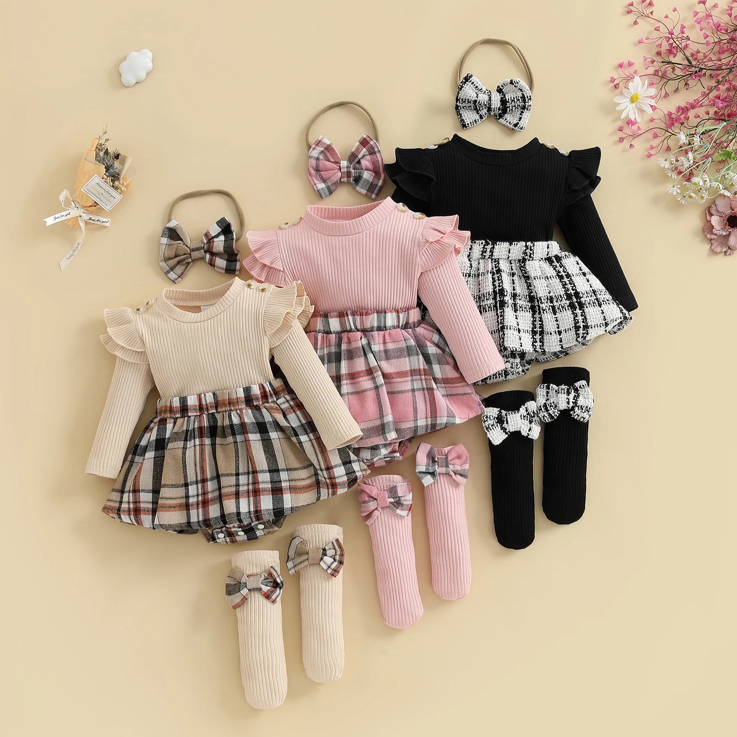 SUNSIOM 0-18 Months Baby Girl Rompers Outfits Long Sleeve Plaid Print Skirt Bodysuit with Headband Socks Set Infant Fall Clothes