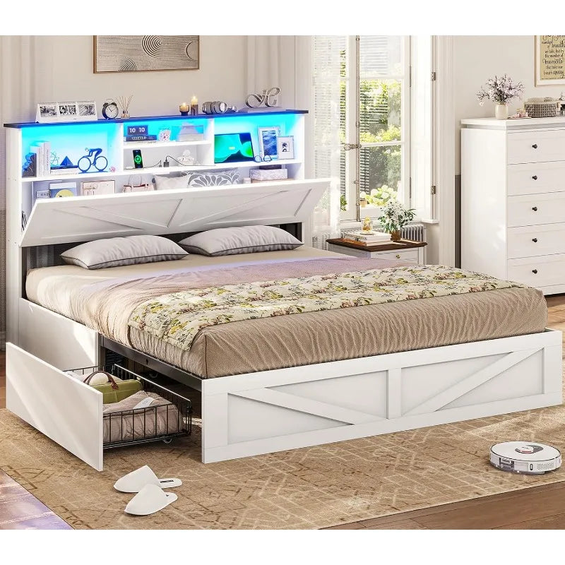 VIAGDO Farmhouse Bed Frame Queen Size with Bookcase Storage Headboard, Charging Station and LED Lights, Wooden Queen Bed Frame