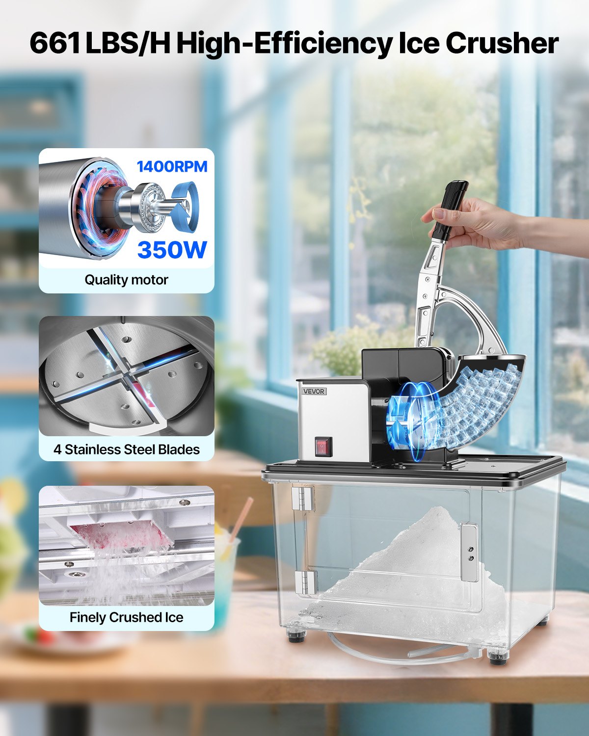 Commercial Ice Crusher 661LBS/H Electric Snow Cone Maker Shaved Ice
