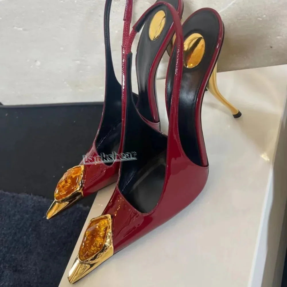Metal Rhinestone Pointed Toe Women Sandals Gold Strange Heels Stilettos Slingback Sexy Summer Women Shoes Sexy Catwalk Dress
