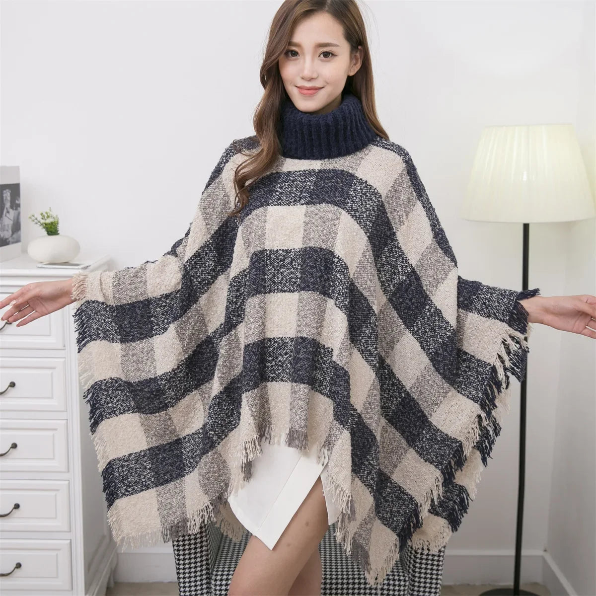New Women Autumn Winter Striped Knitted Poncho Shawl Sweater Overcoat Streetwear Thick Warm High Neck Loose Knitwear Long Coat