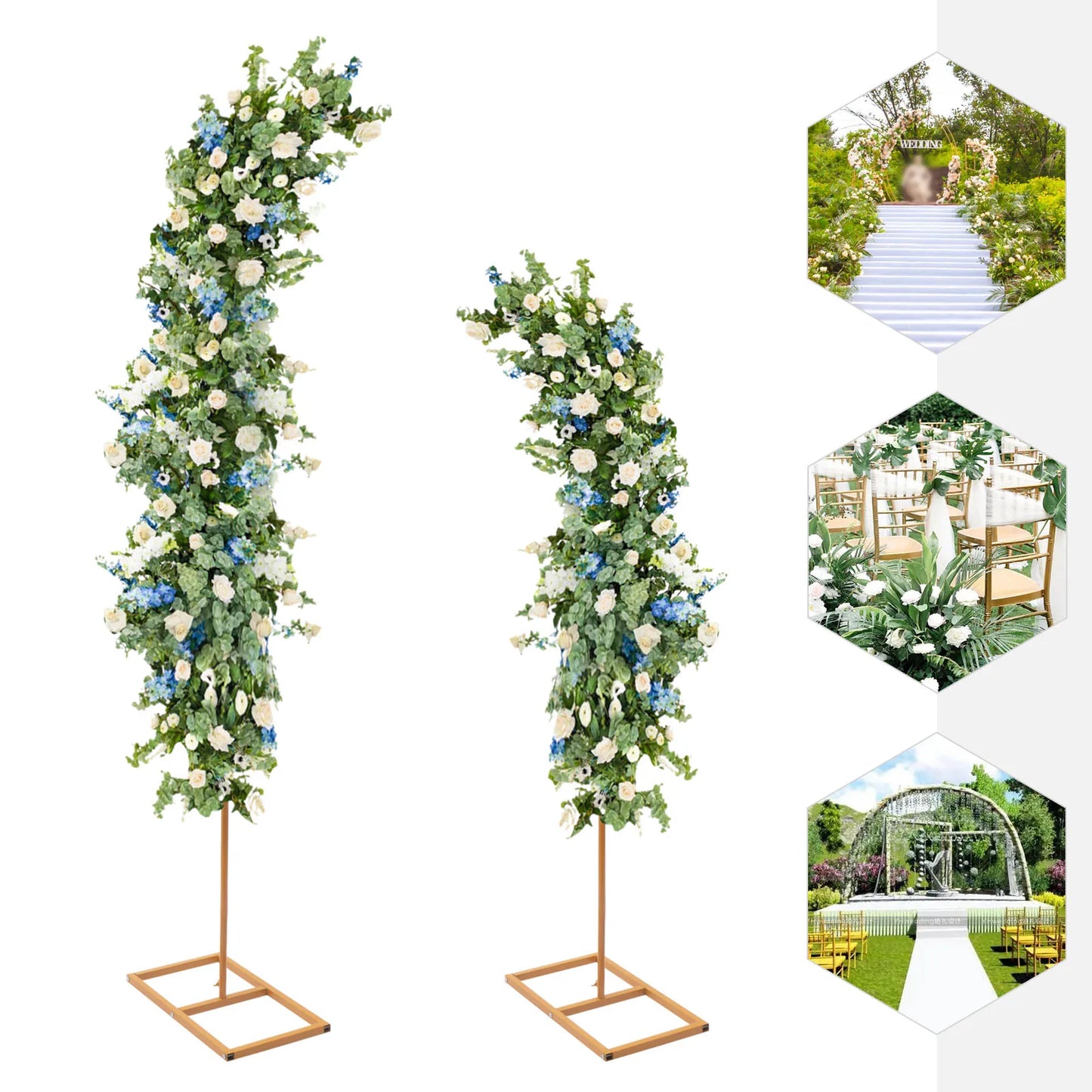 2 Pieces Gold Wedding Arch Balloon Flower Backdrop Stands Road Guide Wedding Stand Curved Top Frames 6ft, 8ft
