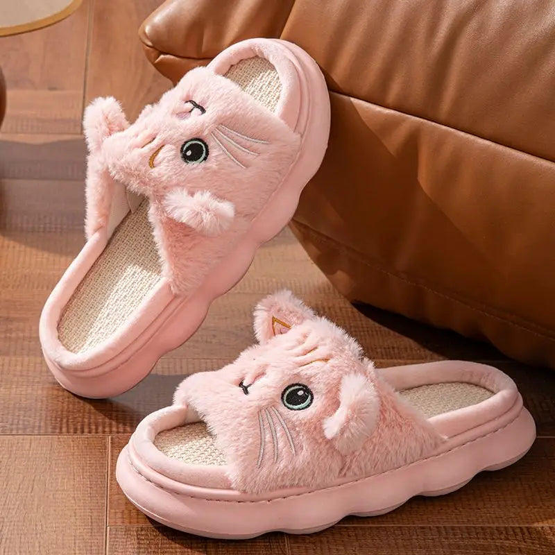 Open Toe Plush Shoes for Women Men Couples Cat Slippers Cute Stereoscopic Kitten Shoes Breathable Linen Slipper