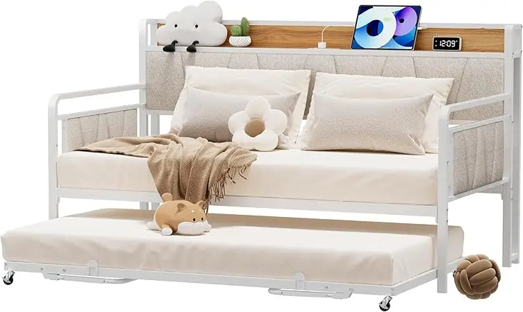 Twin Daybed with Trundle, Modern Twin Size Sofa Day Bed, Sturdy Metal Bed Frame with Upholstered Headboard for Living Room, Bedr