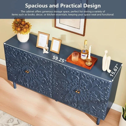 59 Buffet Cabinet with Storage for Dining Room, Midnight Blue Floral Embossed Metal Sideboard with Rust-Resistant Finish