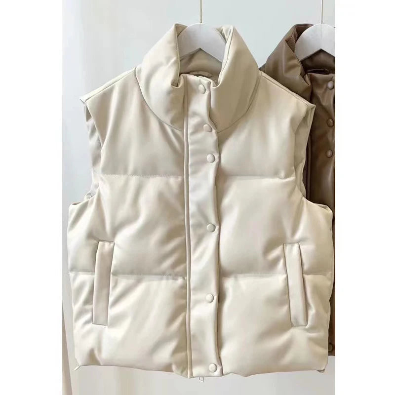 Real Leather Vest Women Winter Stand Collar Lambskin Sleeveless Jacket 90 White Goose Down Bread Clothing Simple Warm Down Coats