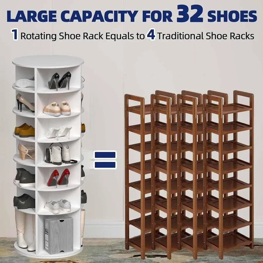 Entryway closet storage organizer: white rotating 7-tier shoe rack tower with 360 spin, made of durable plastic, space-saving a