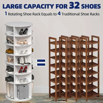 Entryway closet storage organizer: white rotating 7-tier shoe rack tower with 360 spin, made of durable plastic, space-saving a