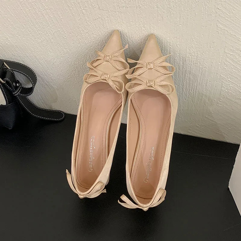 Butterfly-Knot Fashion Pointed Toe Ladies Heels Pumps Shoes 2025 New Silk Female Slip On Footwear Shallow Women Low Heel Shoes