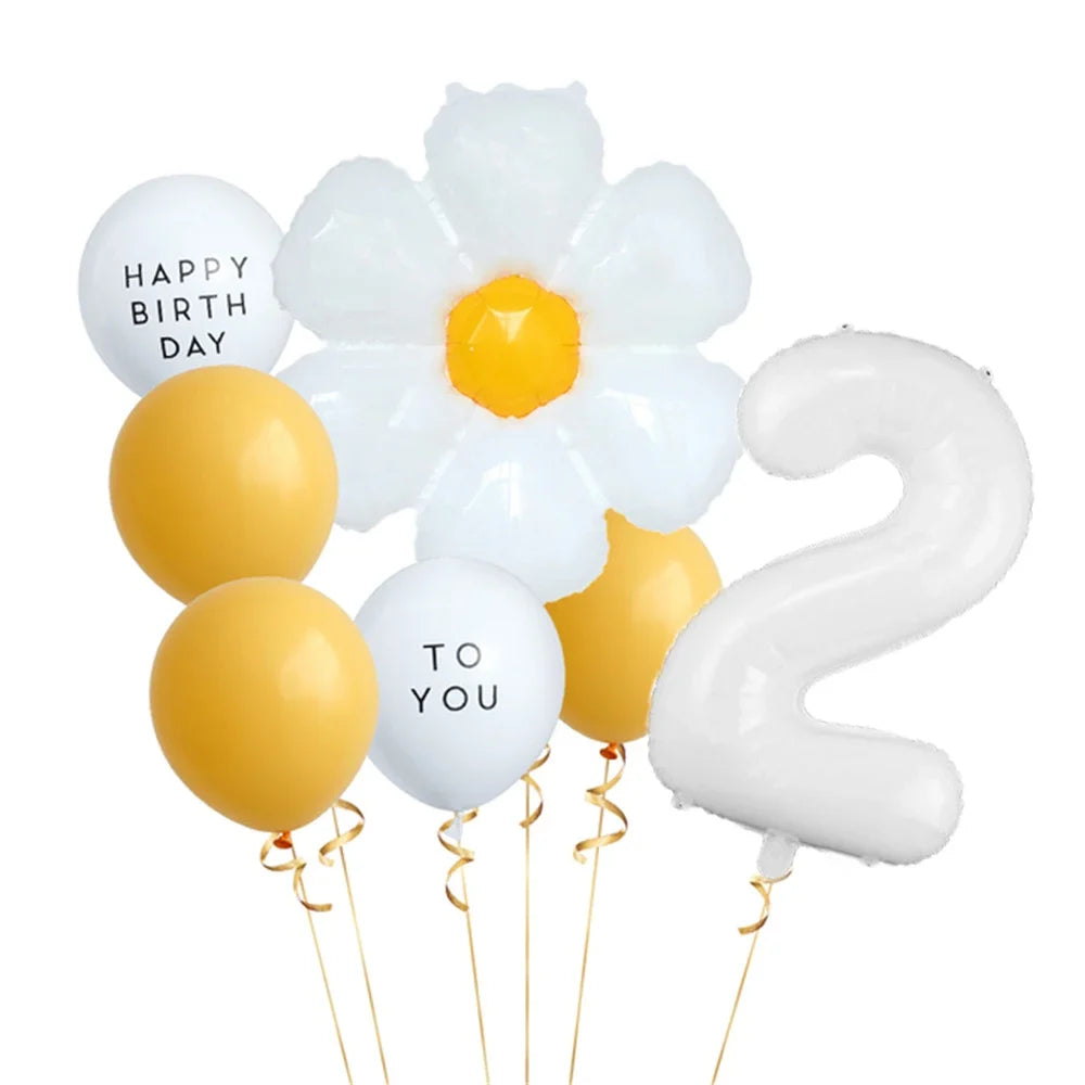 8pcs White Daisy Balloon Set With 32inch 1-9 White Number Ballon For  Daisy Themed Birthday Party Decor Kids Toys Helium Globos