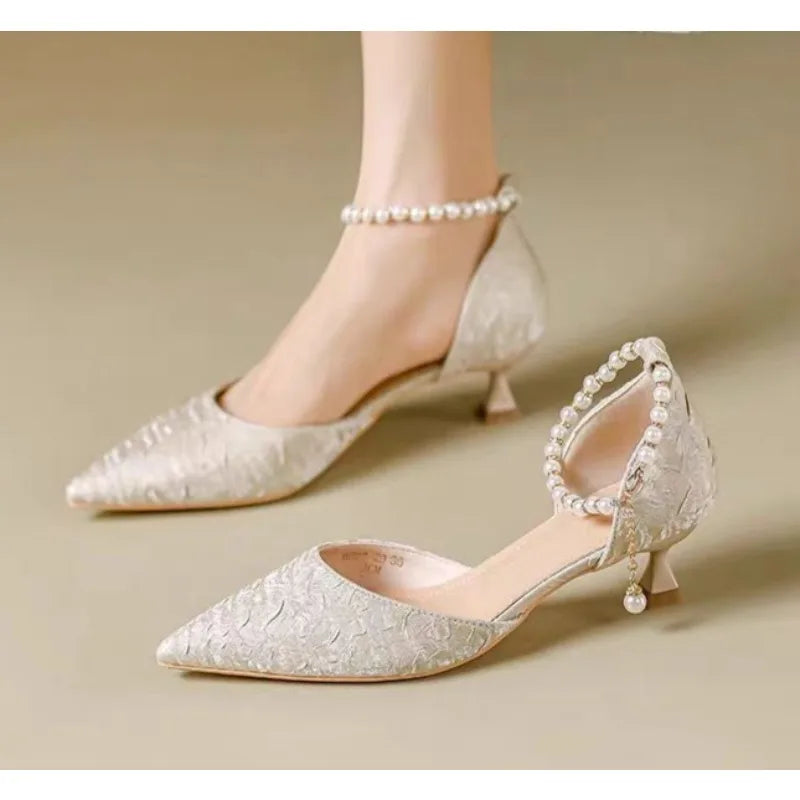 Women High Heel Pumps Size 34-42 Pearls Strap High Heels Lace Women White Wedding Shoes Stiletto Heel Point Toe Bride Bridesmaid