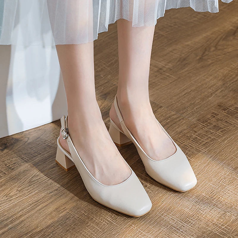 Oulylan Women Trendy Buckle Strap Sandals Plus Size Thick Heeled Slipper Summer Square-toed High Heels Elegant Pure Color Sandal