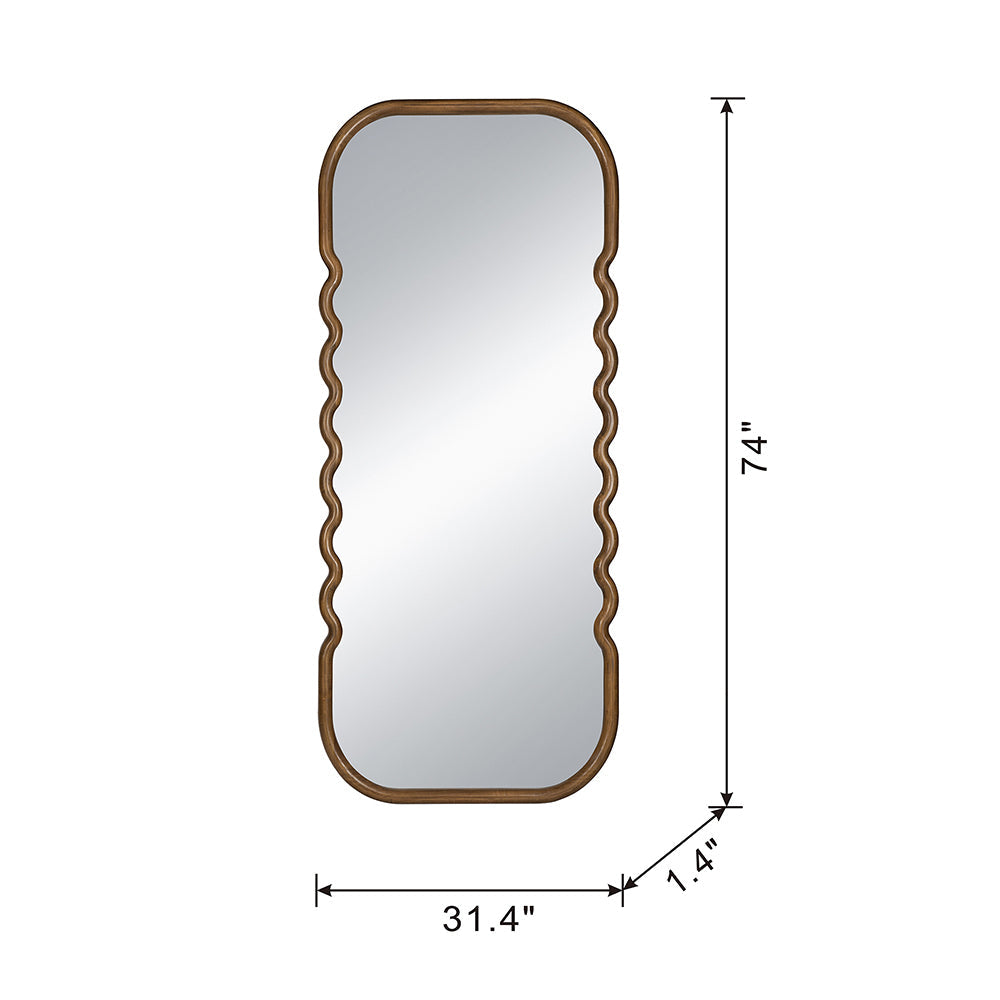 Oversized Curved Wood Frame Floor Mirror, Brown, 31.4 × 74 in