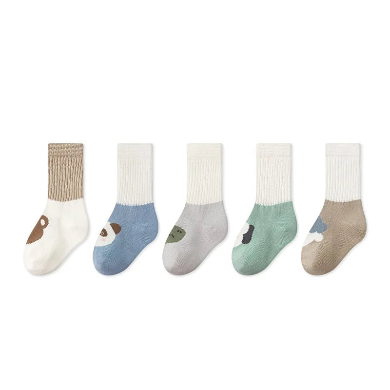 5 Pairs/set Cotton Baby Socks for Newborn Girls Boys Mid Calf Patchwork Cartoon Stockings Kids Cute Clothes Accessories 0-5Years